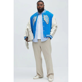 Skeleton Design Chenille Embroidery Men's Blue Varsity Jacket – Stylish Casual Outerwear