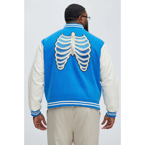 Skeleton Design Chenille Embroidery Men's Blue Varsity Jacket – Stylish Casual Outerwear