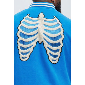 Skeleton Design Chenille Embroidery Men's Blue Varsity Jacket – Stylish Casual Outerwear