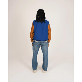 Blue Varsity Jacket with Brown Leather Sleeves - Buy at thealphaapparel