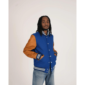 Blue Varsity Jacket with Brown Leather Sleeves - Buy at thealphaapparel