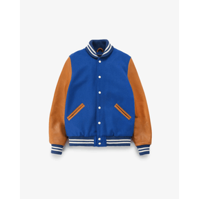 Blue Varsity Jacket with Brown Leather Sleeves - Buy at thealphaapparel