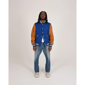 Blue Varsity Jacket with Brown Leather Sleeves - Buy at thealphaapparel